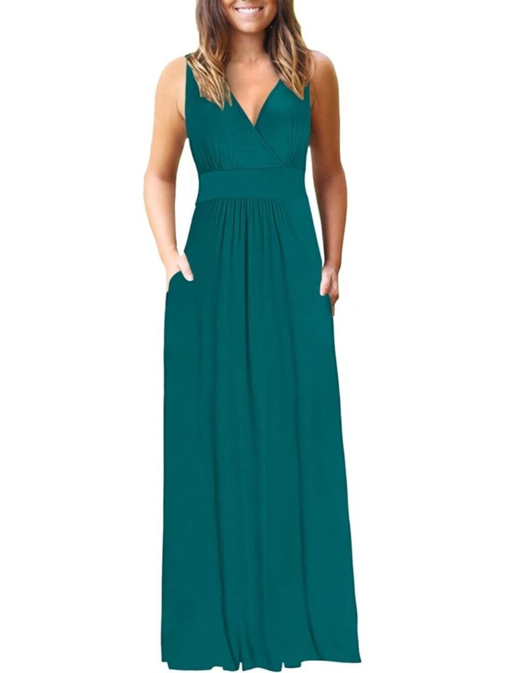Women's Dark Green Sleeveless Formal V Neck Loose Cocktail Long Maxi Dress